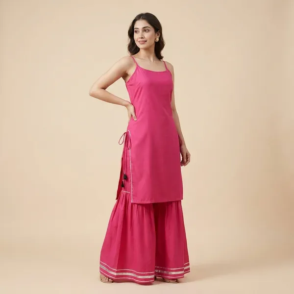 Womens_Designer_Strappy_Kurta_With_Sharara_Set_Rayon_Fabric_Pink