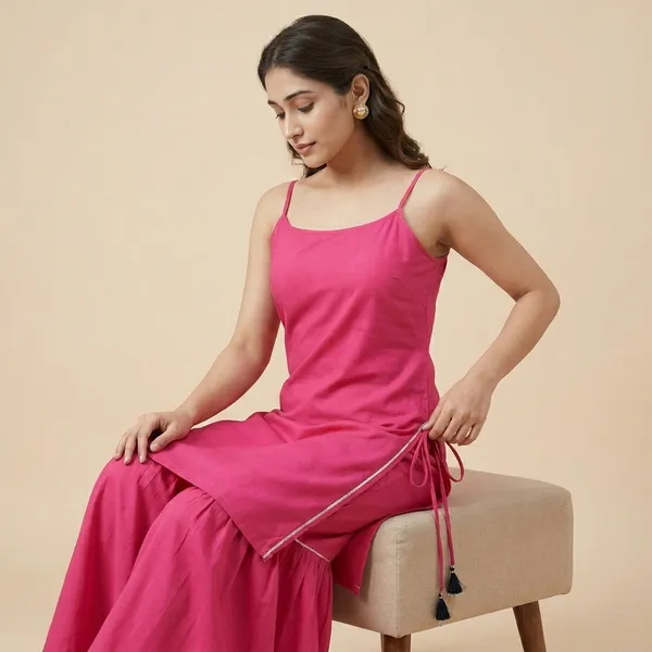 Womens_Designer_Strappy_Kurta_With_Sharara_Set_Rayon_Fabric_Pink