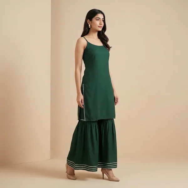 Womens_Designer_Strappy_Kurta_With_Sharara_Set_Rayon_Fabric_Silver_Gota_Patti_Border_Detailing_Sleeveless_Ethnic_Wear_Green