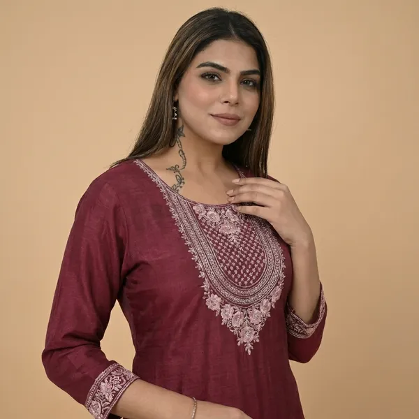 Womens_Berlin_Semi_Cotton_Kurta_Pant_Dupatta_Set_Wine