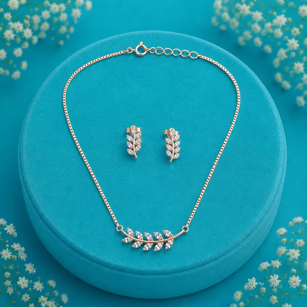 Elegant_Leafy_Sparkle_Necklace_Set_-_Rose_Gold_Plated_-_925_Silver