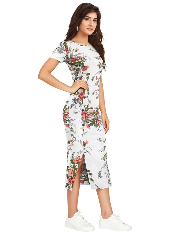 Women's_White_Floral_Print_Bodycon_Midi_Dress_With_Side_Slit