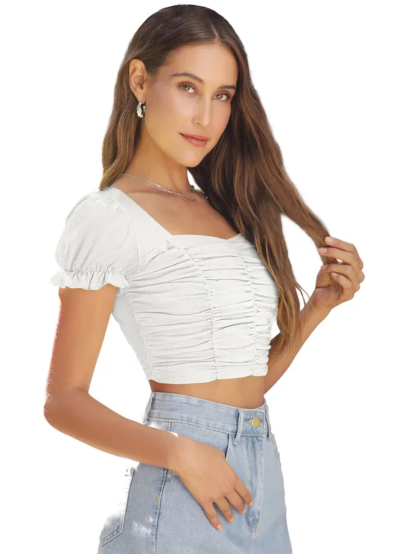 White_Ruched_Puff_Sleeve_Crop_Top