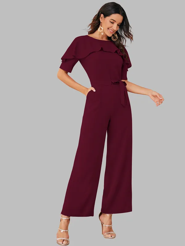 Burgundy_Ruffle_Detail_Belted_Jumpsuit_For_Women