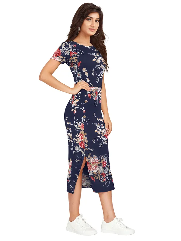 Navy_Blue_Floral_Print_Midi_Dress_With_Side_Slit
