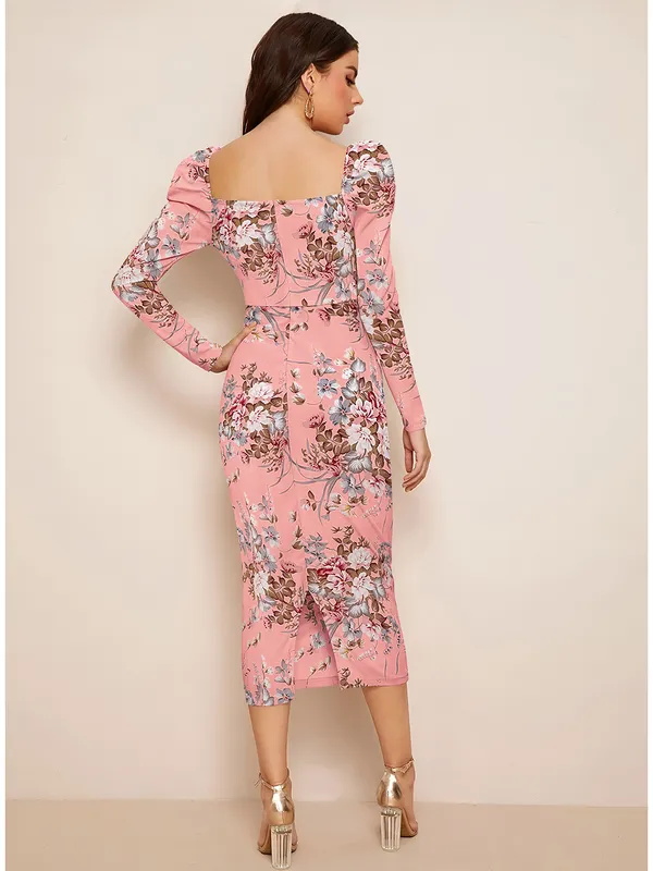 Pink_Floral_Print_Long_Sleeve_Midi_Bodycon_Dress