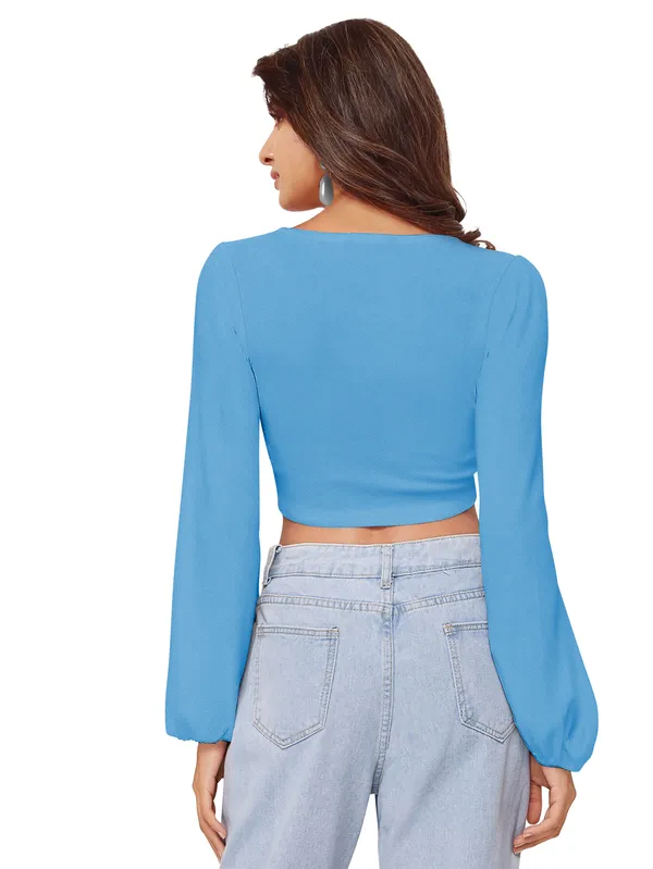 Women's_Blue_Ruched_Drawstring_Crop_Top_With_V_Neck_And_Long_Sleeves