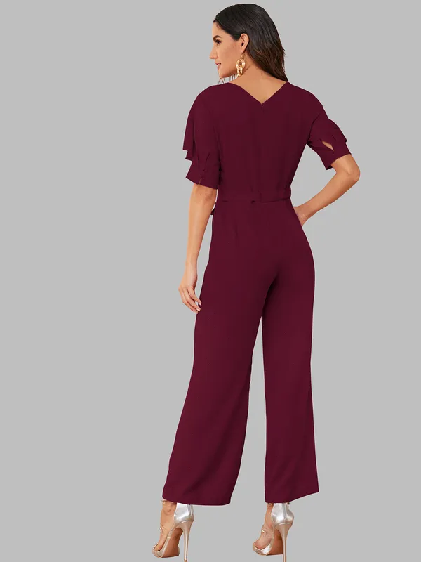 Burgundy_Ruffle_Detail_Belted_Jumpsuit_For_Women