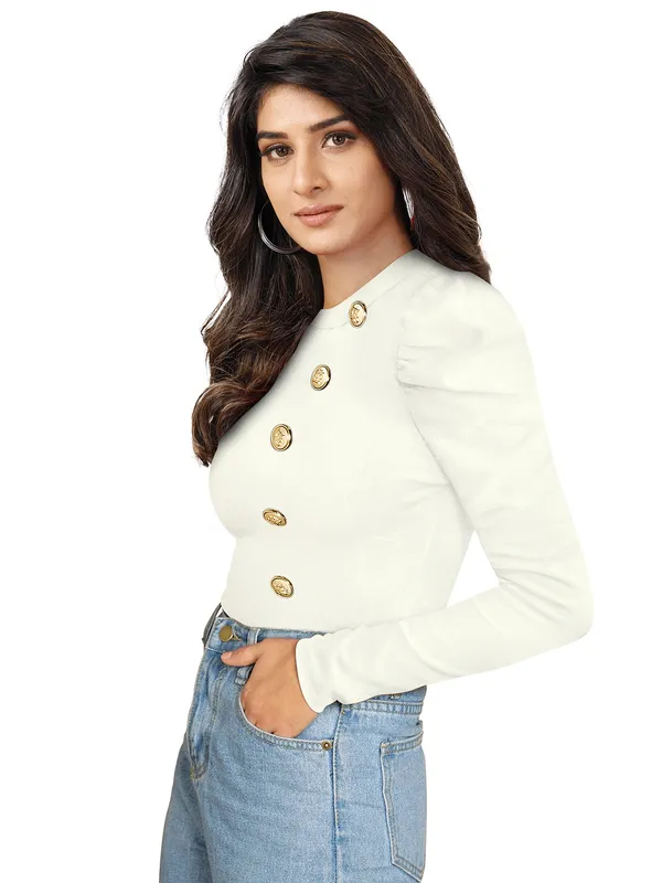 Women's_White_Ribbed_Knit_Top_With_Gold_Button_Detail