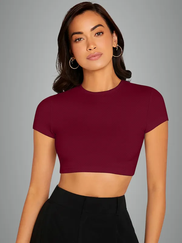 Maroon_Crop_Top_For_Women_Short_Sleeve_Round_Neck_Cropped_T_Shirt
