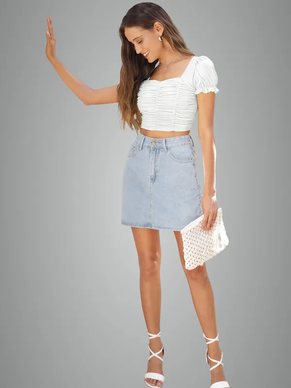 White_Ruched_Puff_Sleeve_Crop_Top