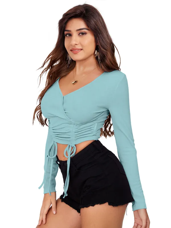 Women's_Turquoise_Blue_Ruched_Drawstring_Crop_Top_Long_Sleeve_Wrap_Style