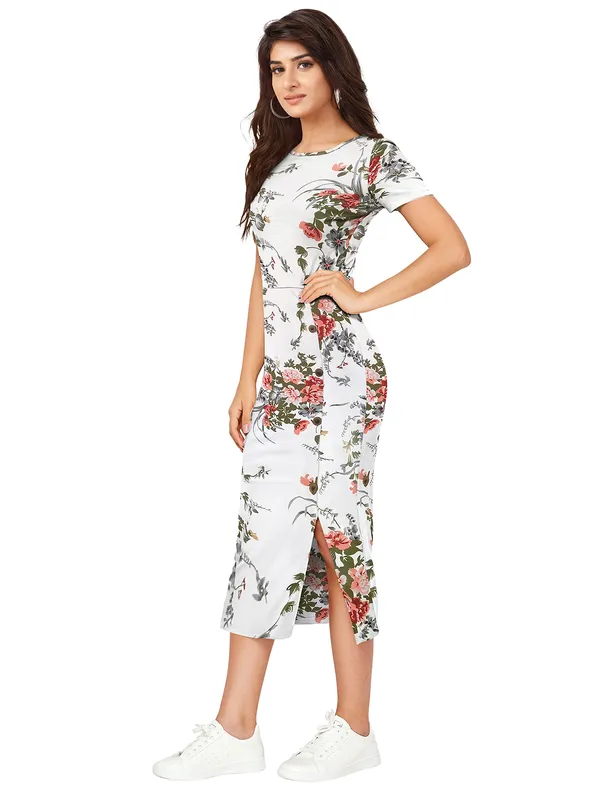 Women's_White_Floral_Print_Bodycon_Midi_Dress_With_Side_Slit