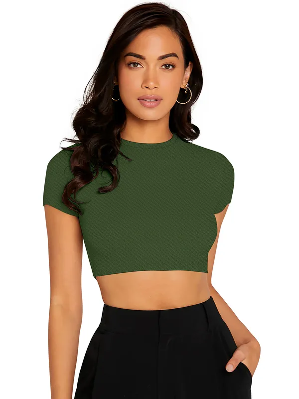 Olive_Green_Crop_Top_For_Women_Short_Sleeve_Casual_Fitted_T_Shirt