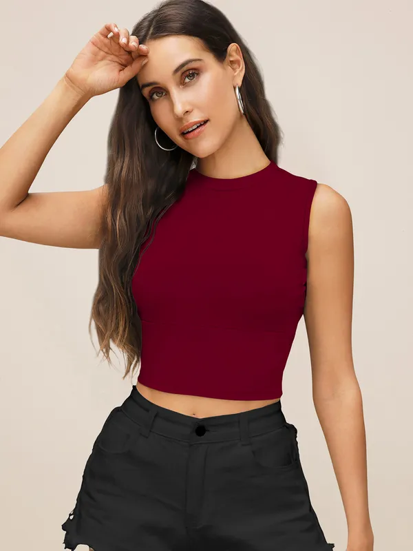 Maroon_Mock_Neck_Sleeveless_Crop_Top_For_Women