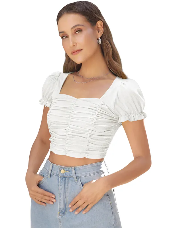 White_Ruched_Puff_Sleeve_Crop_Top