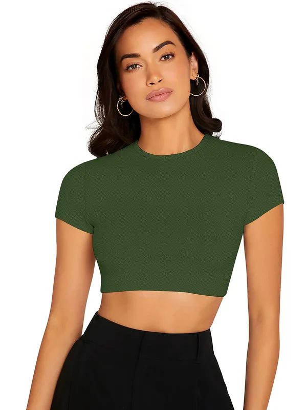Olive_Green_Crop_Top_For_Women_Short_Sleeve_Casual_Fitted_T_Shirt