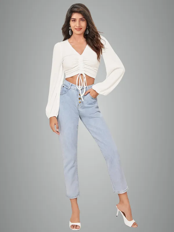 White_Ruched_Drawstring_Crop_Top_Long_Sleeve_V_Neck