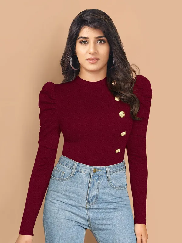 Women's_Maroon_Puff_Sleeve_Top_With_Gold_Button_Detail
