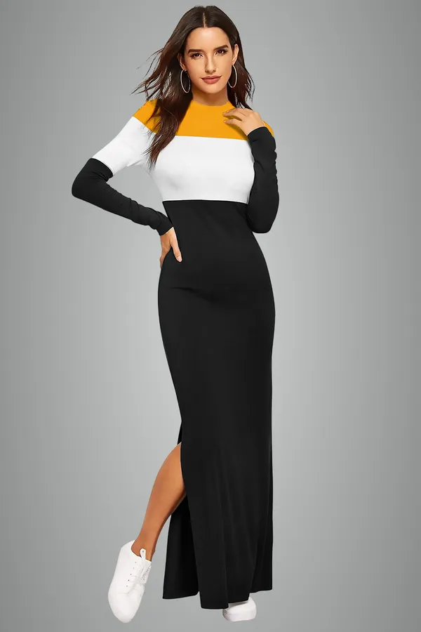 Color_Block_Maxi_Dress_With_Side_Slit_Yellow,_White_And_Black