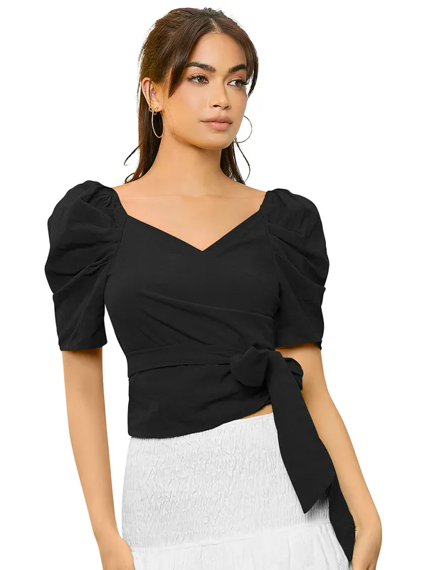 Black_Puff_Sleeve_Wrap_Top_With_White_Embroidered_Lace_Skirt_Set