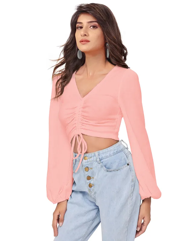 Pink_Ruched_Drawstring_Crop_Top_Long_Sleeve_V_Neck_Top_For_Women