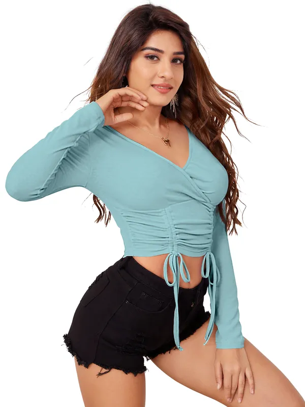 Women's_Turquoise_Blue_Ruched_Drawstring_Crop_Top_Long_Sleeve_Wrap_Style