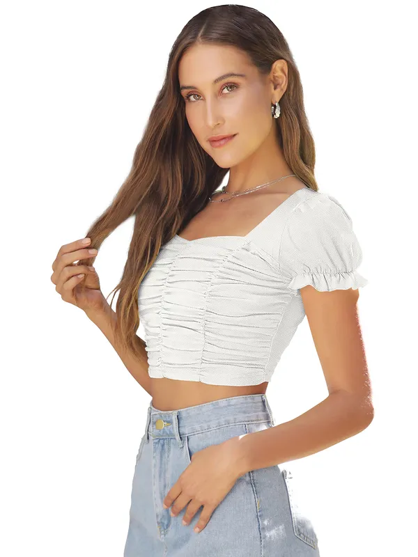 White_Ruched_Puff_Sleeve_Crop_Top