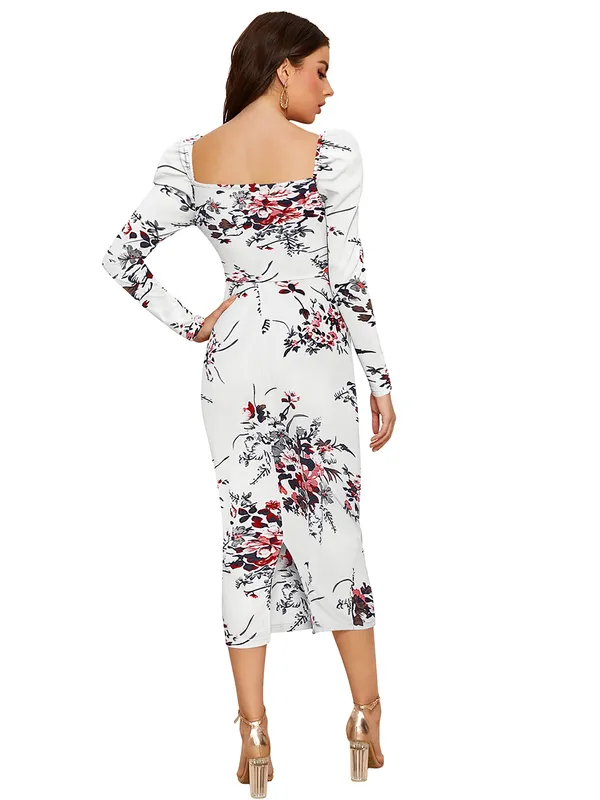 White_Floral_Print_Long_Sleeve_Bodycon_Midi_Dress