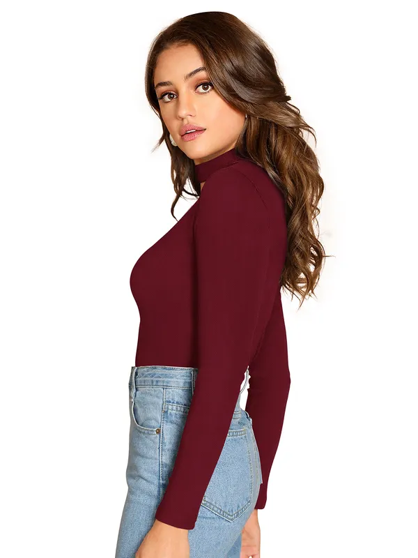 Burgundy_Choker_Neck_Long_Sleeve_Top_For_Women
