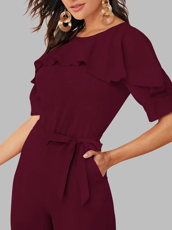 Burgundy_Ruffle_Detail_Belted_Jumpsuit_For_Women