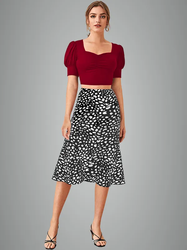 Women's_Two_Piece_Set_Burgundy_Puff_Sleeve_Crop_Top_With_Black_And_White_Spotted_Midi_Skirt