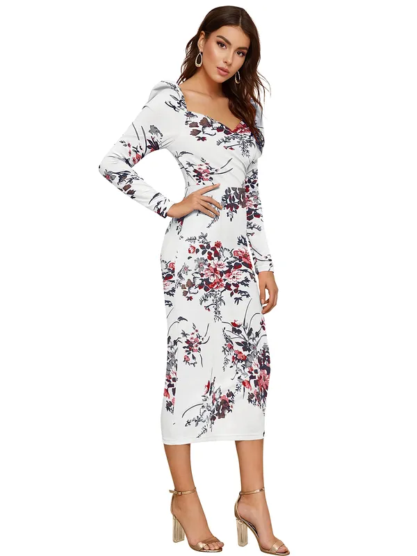 White_Floral_Print_Long_Sleeve_Bodycon_Midi_Dress