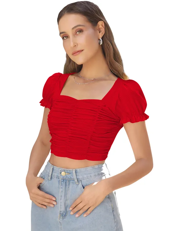Red_Ruched_Crop_Top_With_Puff_Sleeves_And_Square_Neckline