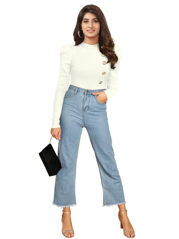 Women's_White_Ribbed_Knit_Top_With_Gold_Button_Detail