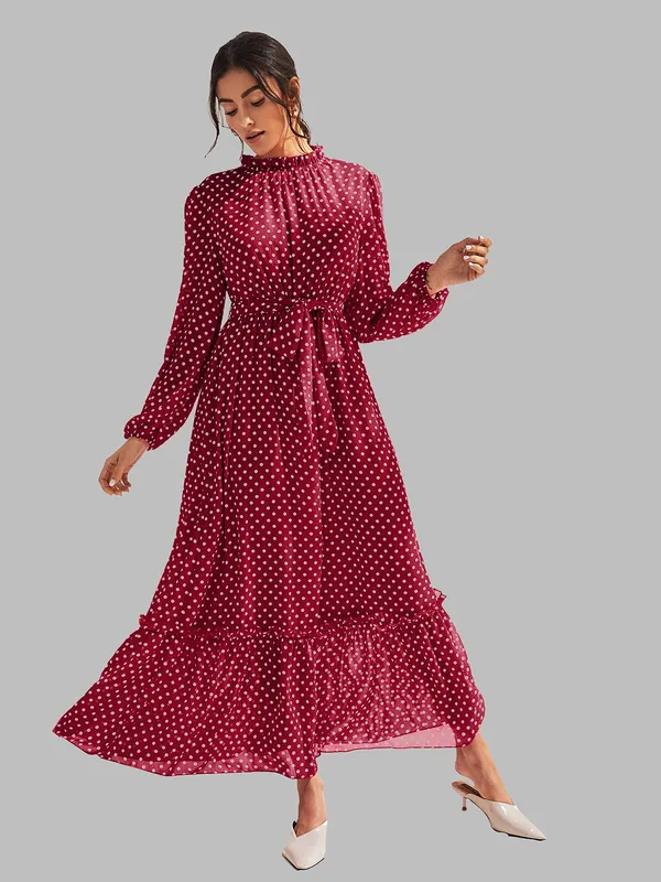 Maroon_Polka_Dot_Long_Dress_With_Ruffled_Hem_And_Tie_Waist