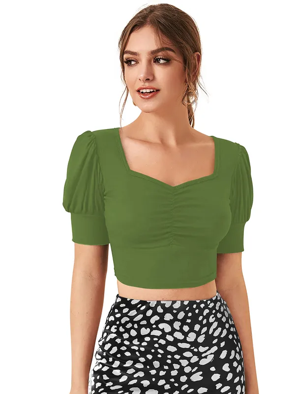 Green_Puff_Sleeve_Crop_Top_With_Black_Spotted_Midi_Skirt_Set