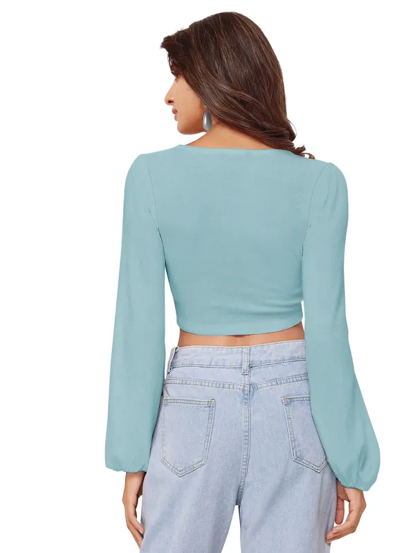Sage_Green_Ruched_Drawstring_Crop_Top_Full_Sleeves_V_Neck