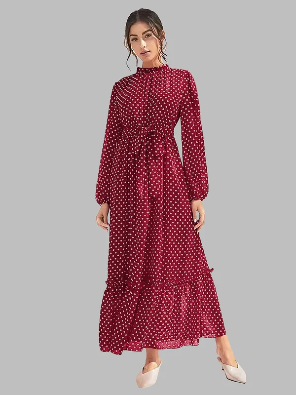 Maroon_Polka_Dot_Long_Dress_With_Ruffled_Hem_And_Tie_Waist