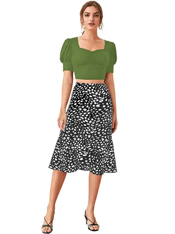 Green_Puff_Sleeve_Crop_Top_With_Black_Spotted_Midi_Skirt_Set