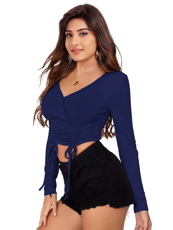 Navy_Blue_Long_Sleeve_Wrap_Crop_Top_For_Women