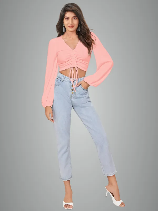 Pink_Ruched_Drawstring_Crop_Top_Long_Sleeve_V_Neck_Top_For_Women