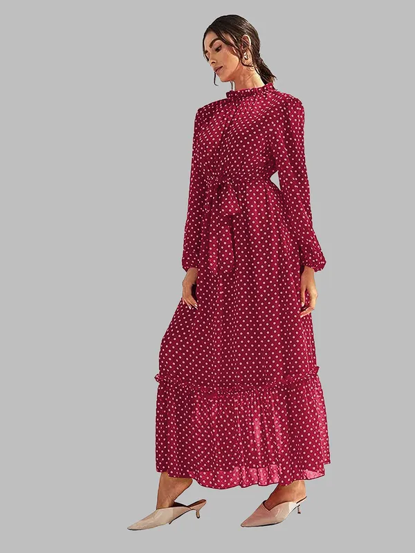 Maroon_Polka_Dot_Long_Dress_With_Ruffled_Hem_And_Tie_Waist