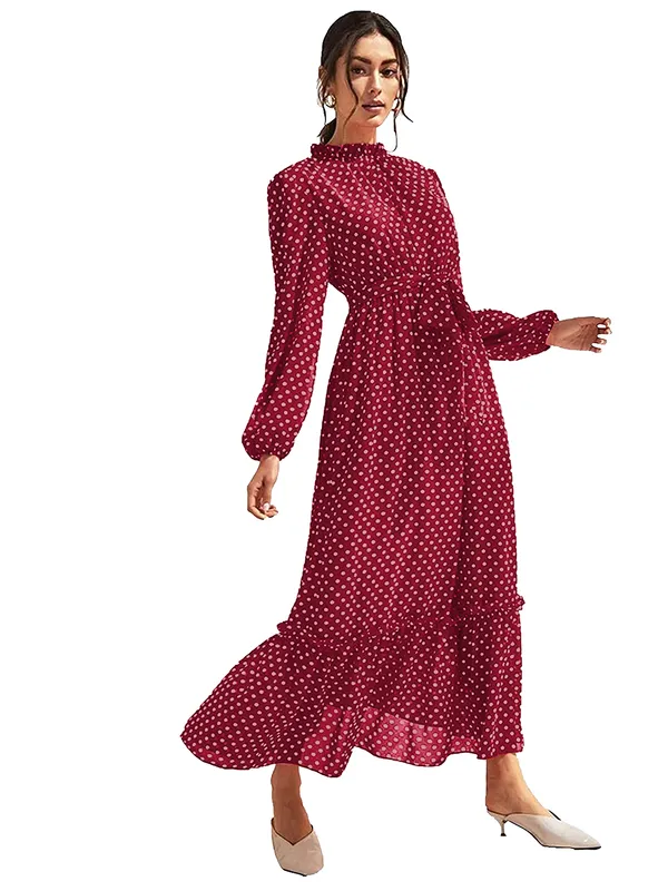 Maroon_Polka_Dot_Long_Dress_With_Ruffled_Hem_And_Tie_Waist