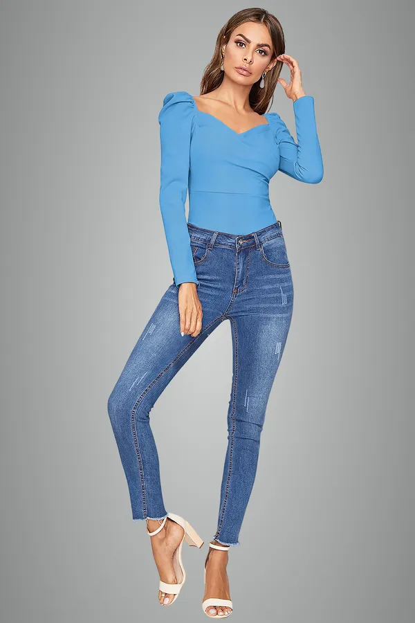 Women's_Blue_Puff_Sleeve_Sweetheart_Neckline_Fitted_Top