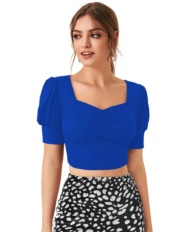 Women's_Cobalt_Blue_Puff_Sleeve_Crop_Top_With_Black_And_White_Printed_Midi_Skirt_Two_Piece_Set