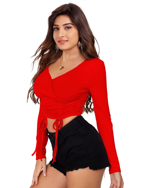 Women's_Red_Long_Sleeve_Wrap_Crop_Top_With_Tie_Up_Detail