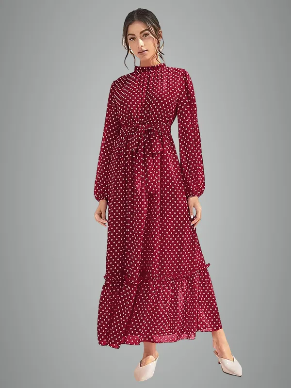 Maroon_Polka_Dot_Long_Dress_With_Ruffled_Hem_And_Tie_Waist