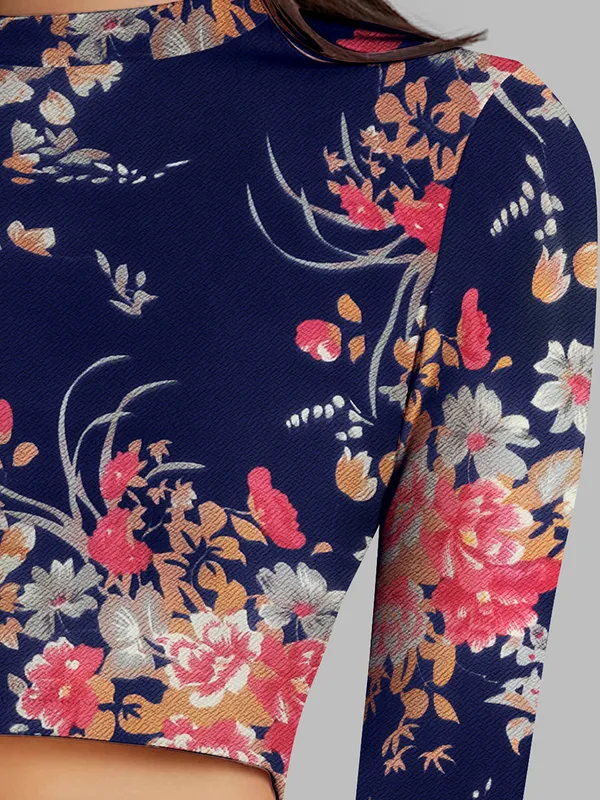 Navy_Blue_Floral_Print_Long_Sleeve_Crop_Top_For_Women