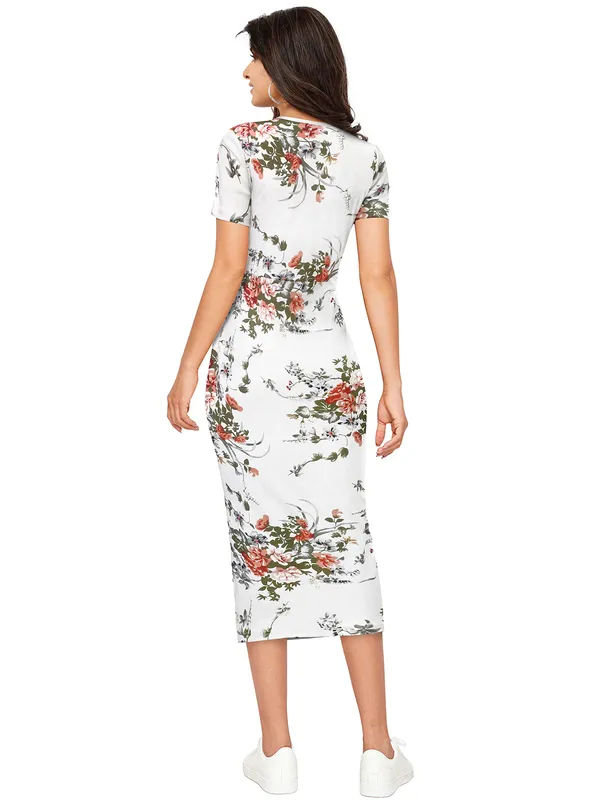 Women's_White_Floral_Print_Bodycon_Midi_Dress_With_Side_Slit